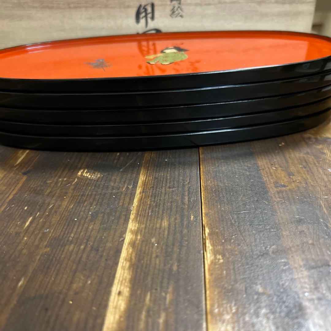 輪島塗　輪島漆器　大雅堂　摂田照彦　兼用皿　童蒔絵　５枚　高級漆器　未使用希少品
