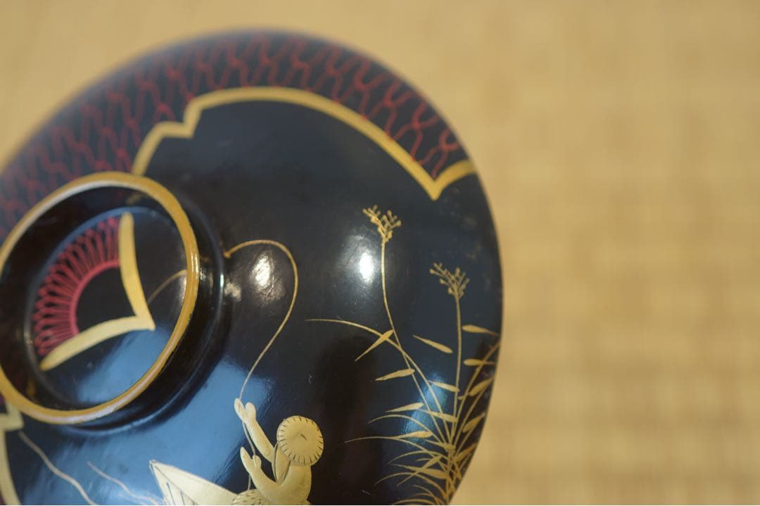 江戸後期 京蒔絵 猟師図蒔絵 波千鳥文 黒漆 吸物椀 2客/ 木製漆器 茶懐石