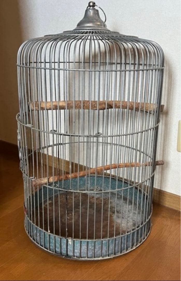 【昭和レトロ】大型鳥かご 金属製 木製止まり木２本