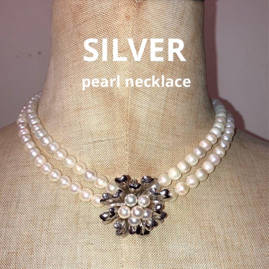 SILVER あこや真珠　パール　2連ネックレス チャーム　結婚式　入学式