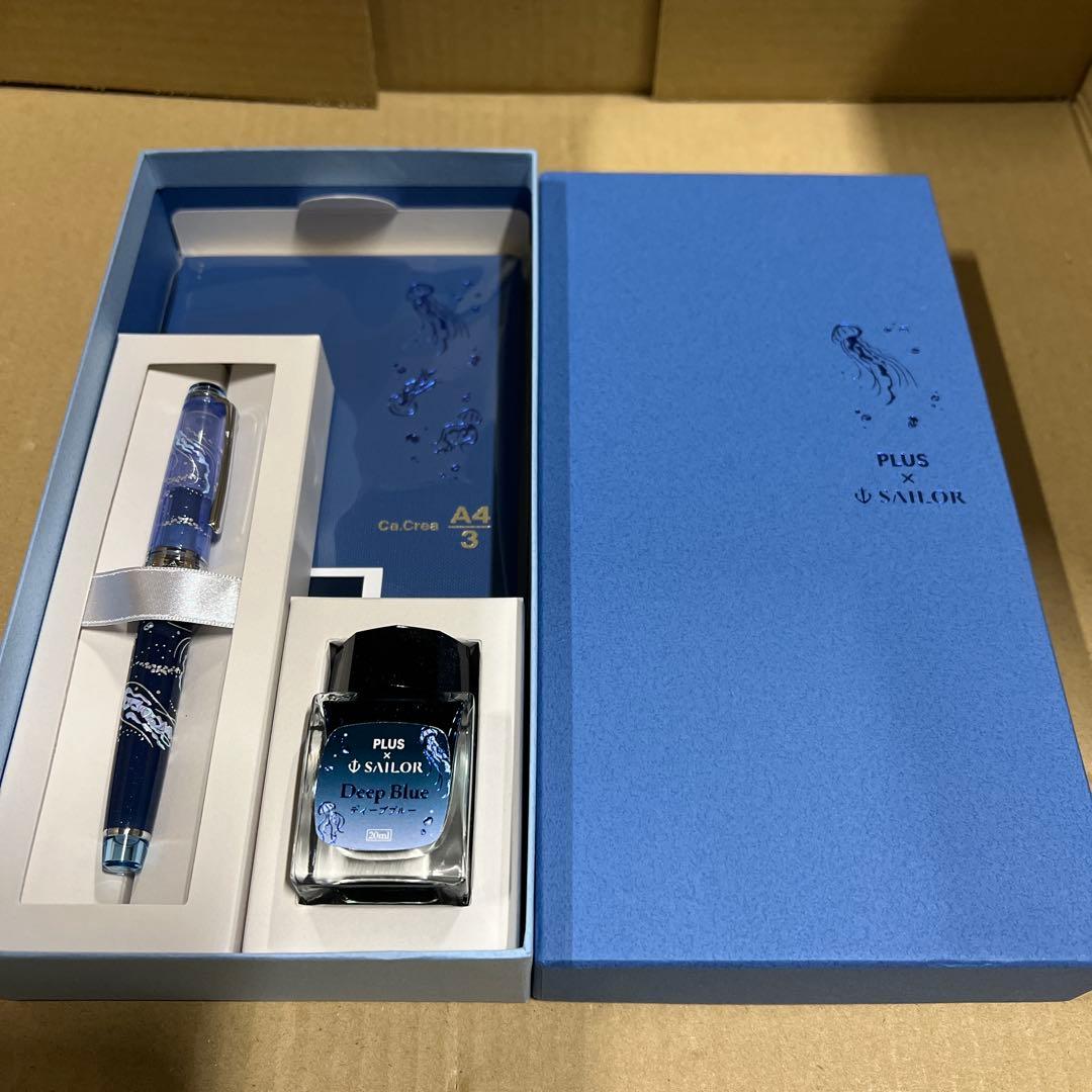 プラス セーラー万年筆 メモ帳 海月限定セット 金ペン 14K 極細字(EF)