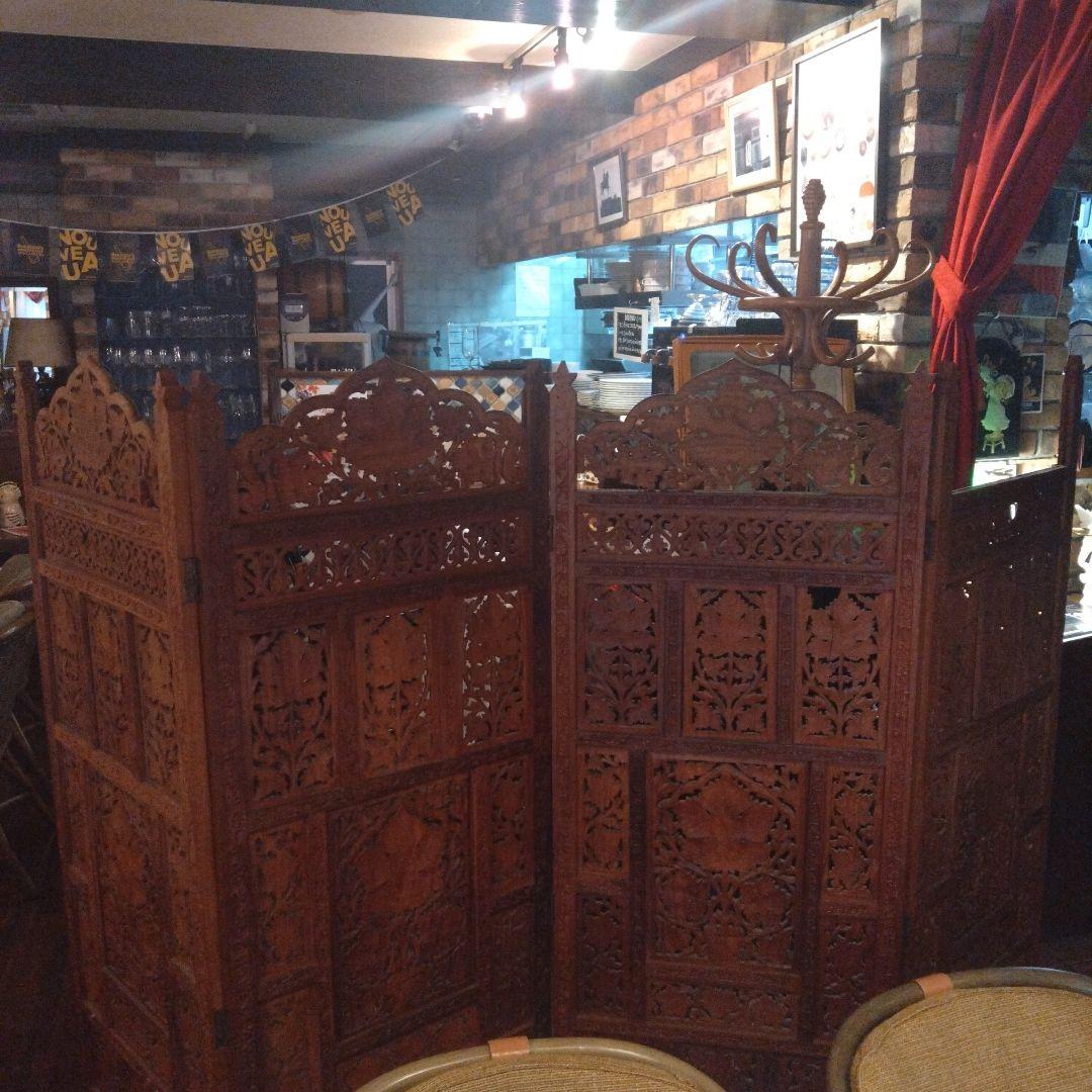 木製彫刻パーティション 4つ折り式