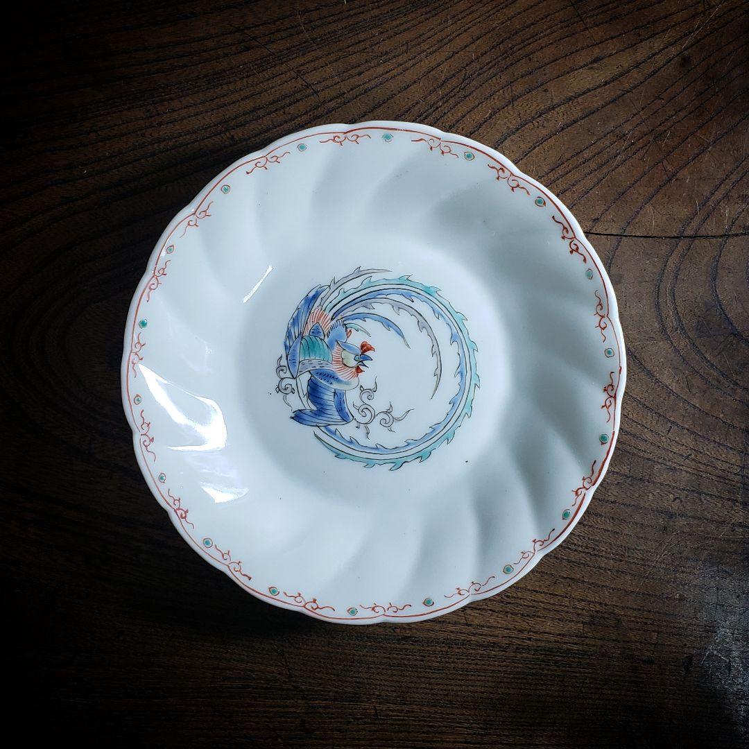 色絵付　皿　鳳凰　ねじり花弁縁　古伊万里　花文　唐草　銘　窯傷　ハ号