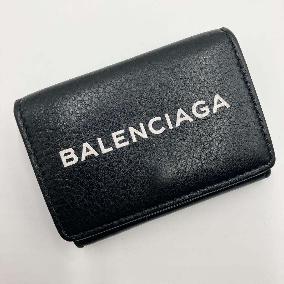 極美✨バレンシアガ 三つ折り財布 エブリデイ レザー ロゴ ブラック 黒