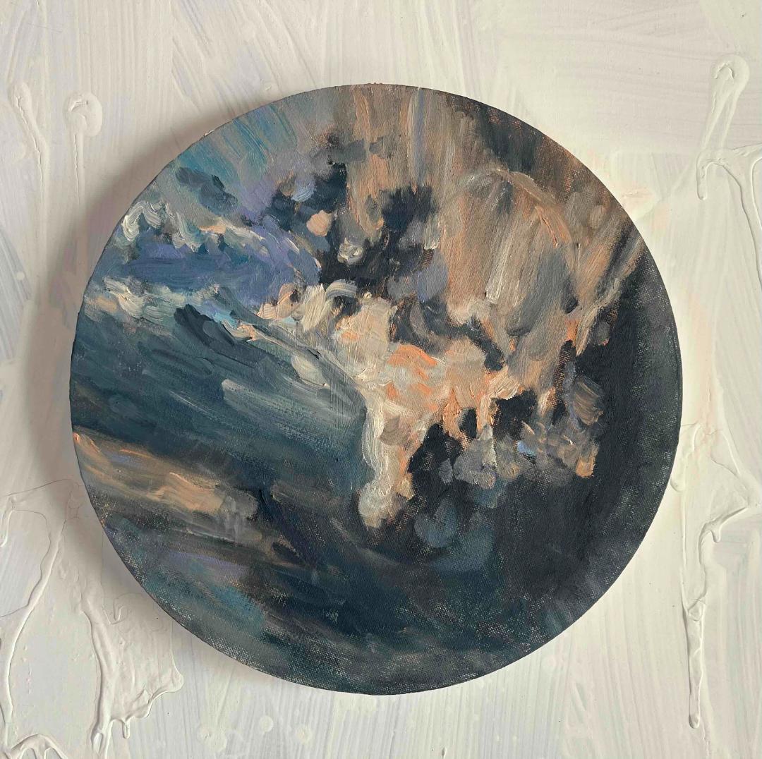 直径30㎝「空の様子２」油彩・絵画・原画・丸形・アートパネル