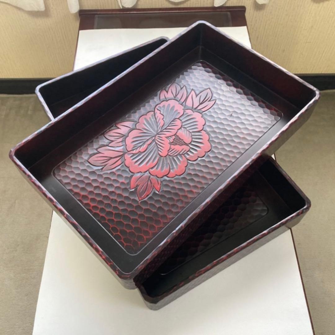 鎌倉彫 乱れ籠 衣装籠 盆 トレイ 2枚組 収納 木製 彫刻 漆塗 花柄 レトロ