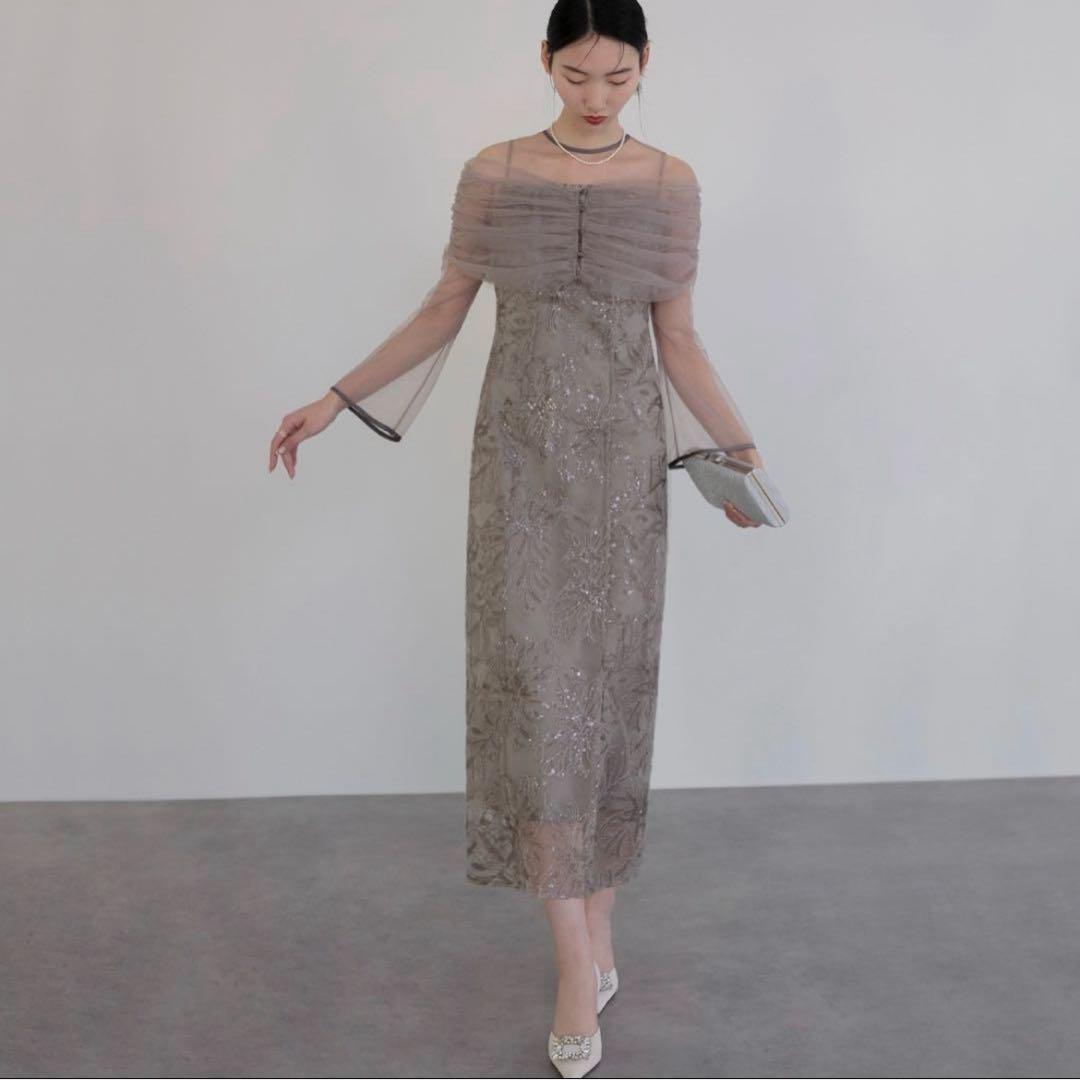 【即日発送】Leja チュールオフショルダー花柄Iラインドレスワンピース