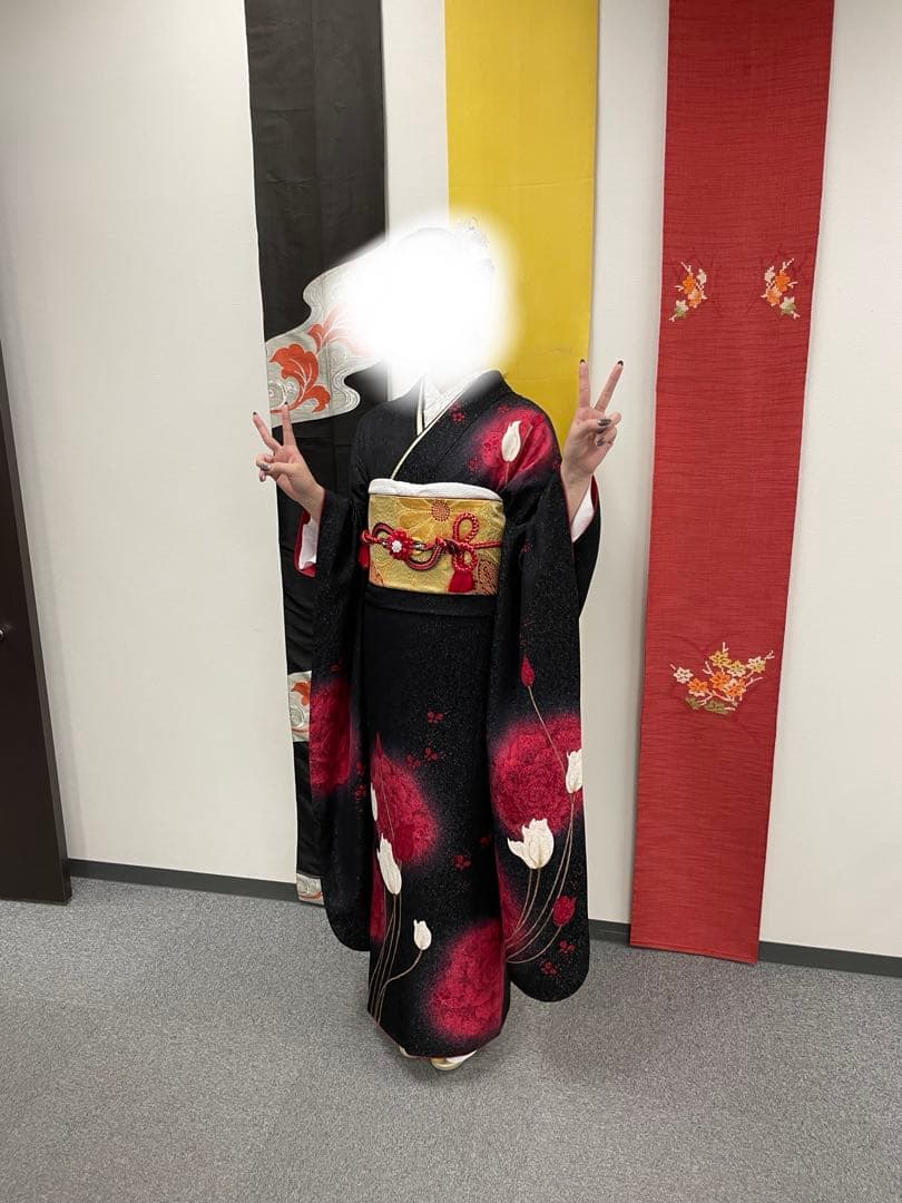 一蔵　黒と赤の薔薇の振袖 草履LLサイズ　フルセット　バッグ　帯　袴