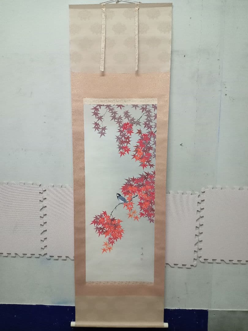 井上　秀城　紅葉　鳥　日本画　掛軸