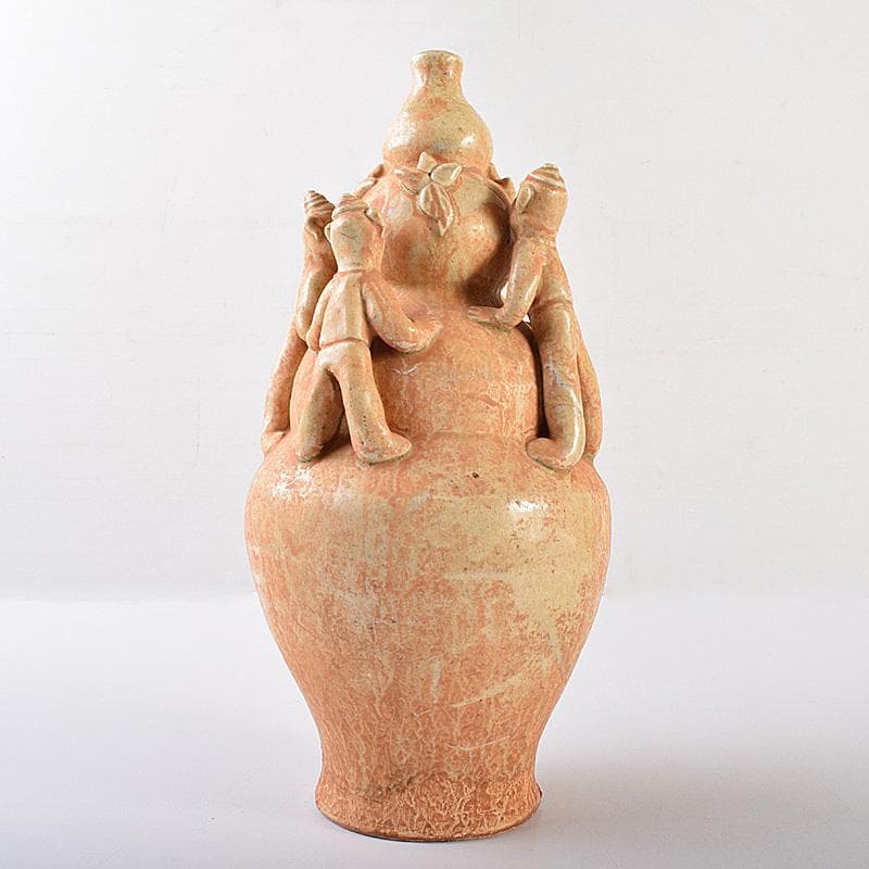 中国　自然釉　人物四耳壷　V　R7644