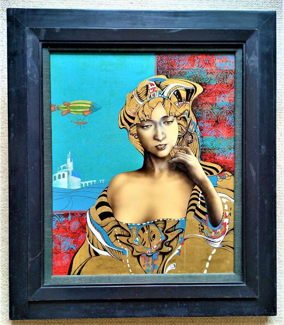 作者不詳　仮タイトル「ドレスを着た婦人図」Ｆ8号油彩画金が使われた豪華装飾　額装