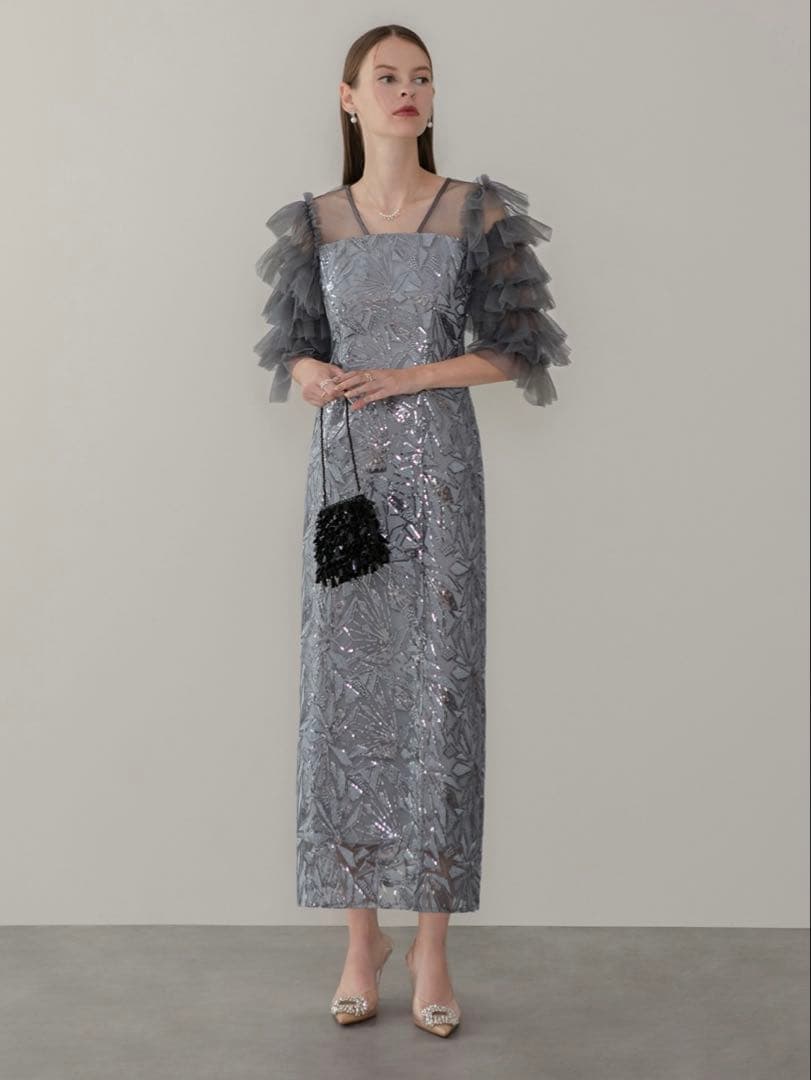 チュールフリルスリーブスパンコールIラインワンピースドレス結婚式パーティー成人式