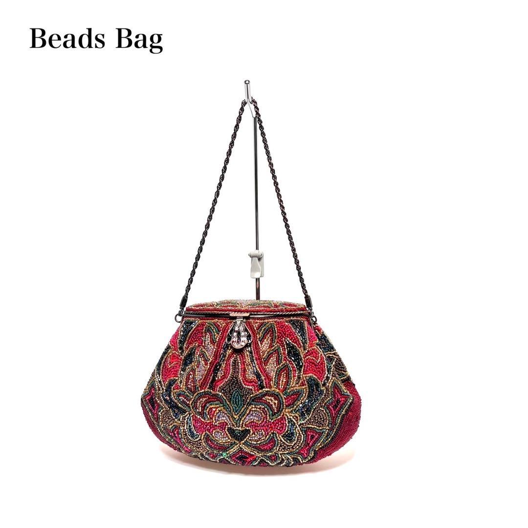 【美品】ビーズ総刺繍/ラインストーン/ ビジュー/口枠式/赤系色/ビーズバッグ