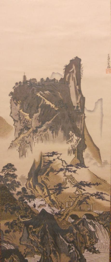 掛け軸 雪舟 明國山水之図 絹本 名品 複製 希少 軸装 茶道具 掛軸 美品