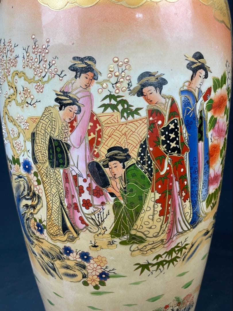 薩摩焼 特大 飾壺 金彩 美人画 金襴手 双耳 花蝶図 青粒置物 花瓶