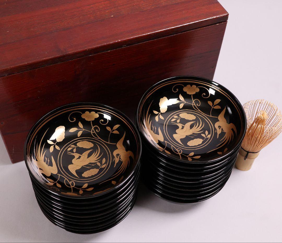 【MA723】木製漆器 長寛写 金蒔絵 黒塗木皿 二十客 吉祥鶴 菓子皿 小皿