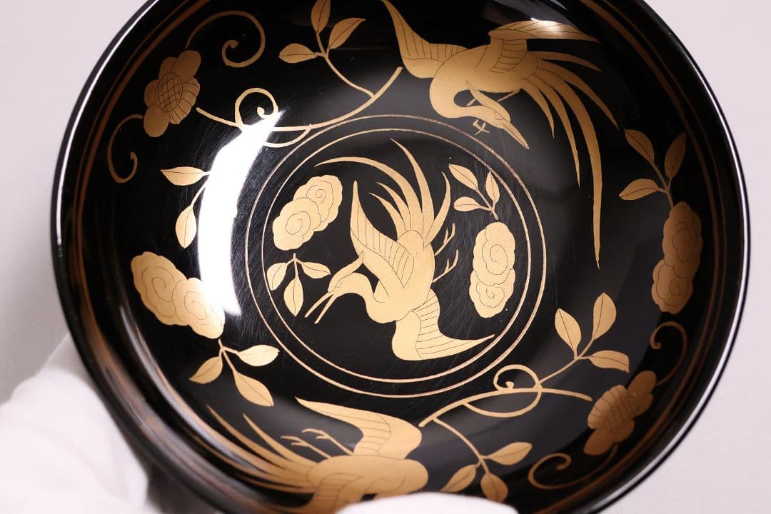【MA723】木製漆器 長寛写 金蒔絵 黒塗木皿 二十客 吉祥鶴 菓子皿 小皿
