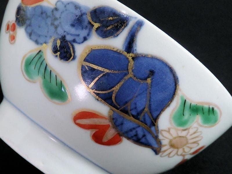 古伊万里　染錦　河骨紋の図　広東型　蓋茶碗　５客　C859AS-CEw