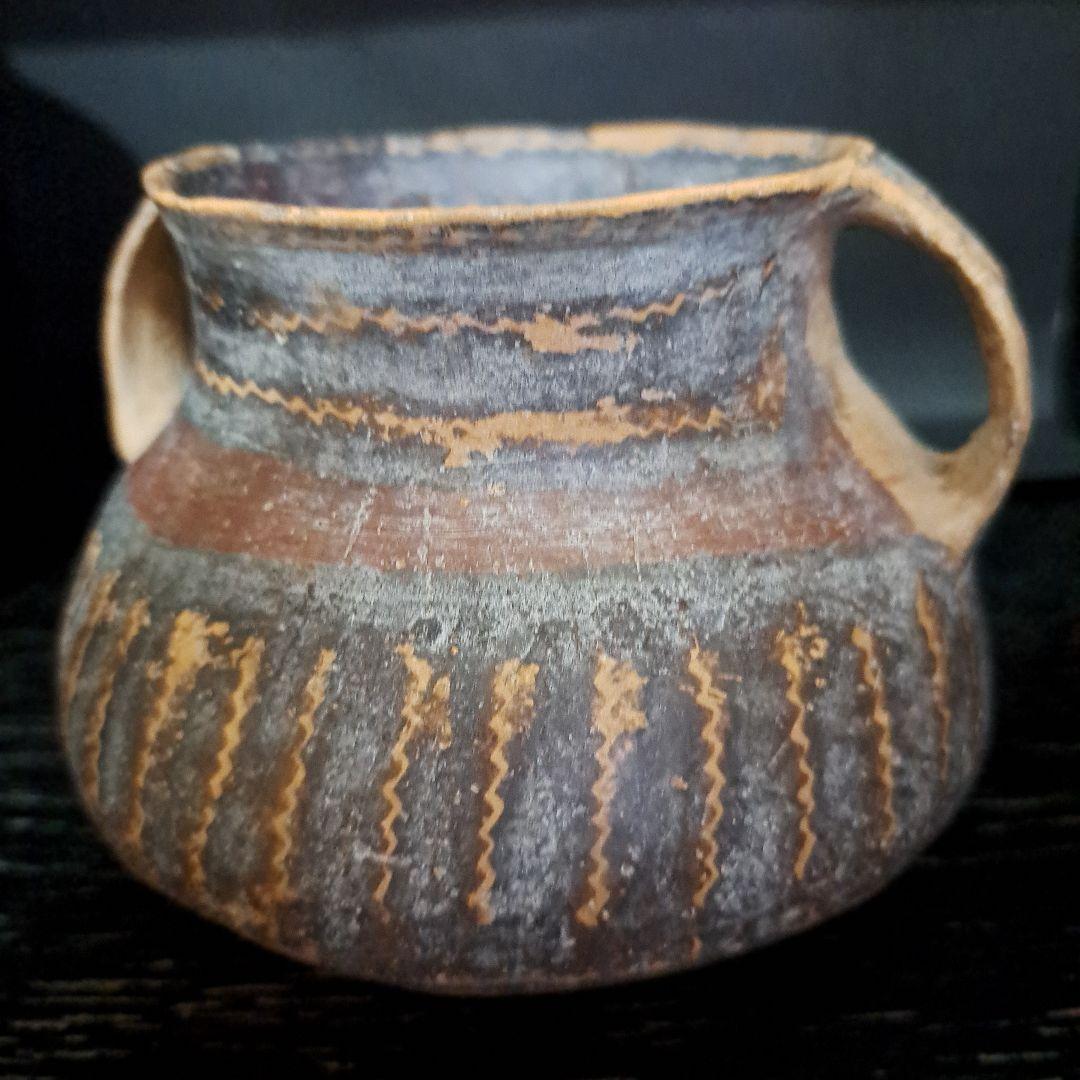 古代メキシコ産　土器　 水亀　水差し　縦縞模様