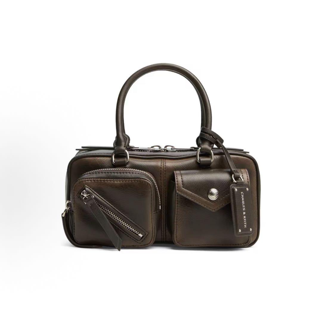 新品CHARLES&KEITH 复古ボストン多口袋手提包 Multi
