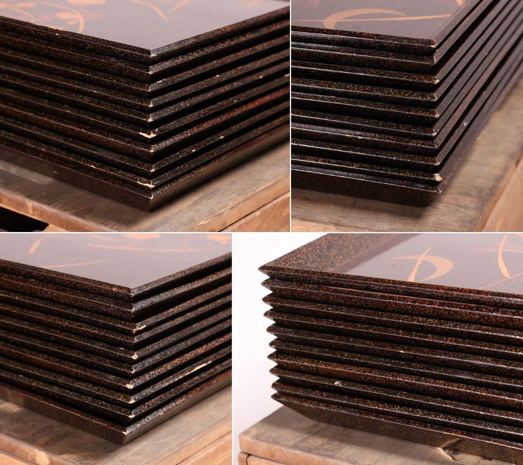 【MB45】時代 梨地吸物膳 十客 月と草花蒔絵 秋草 四方膳 卓上 折敷 木製