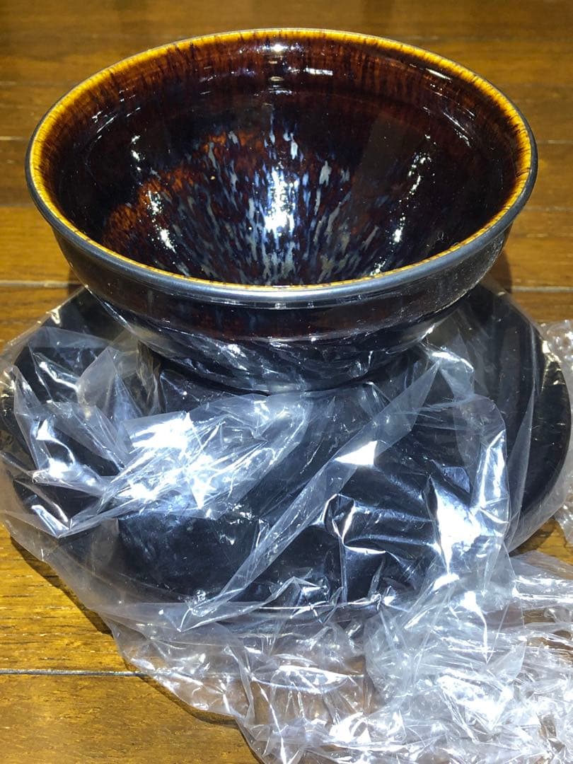 油滴天目茶碗 玳瑁 銀巻き縁 流れる星空