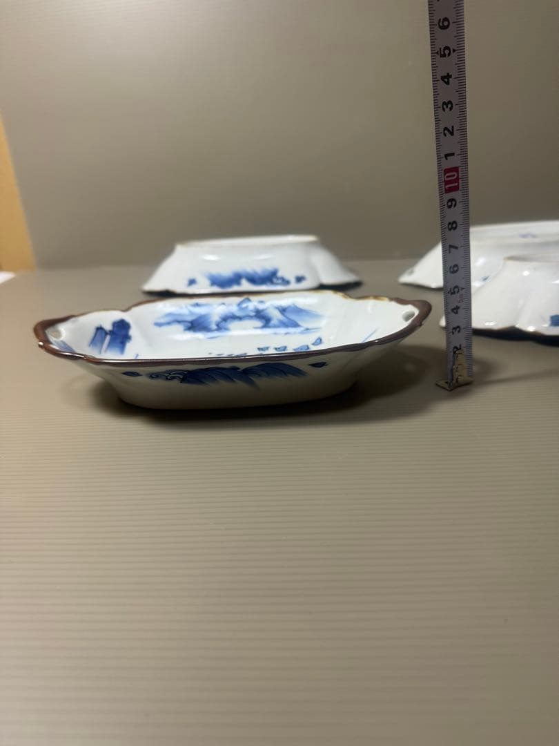2110 明治大正 伊万里 舟形皿 4客　長山文製 染付山水　時代物