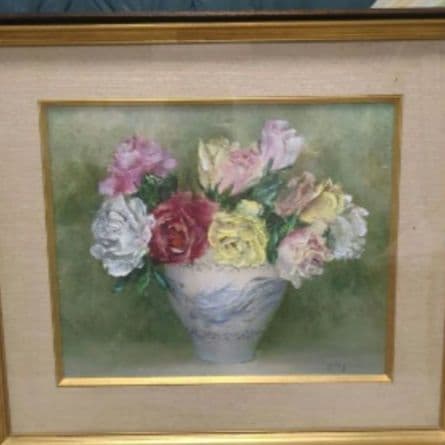 【真作】田河勇造 油彩「薔薇」F8号 額装付き