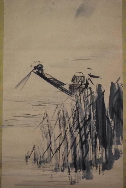 【真作】寺崎廣業/縄打ち図/掛軸/名家伝来/K-135　J