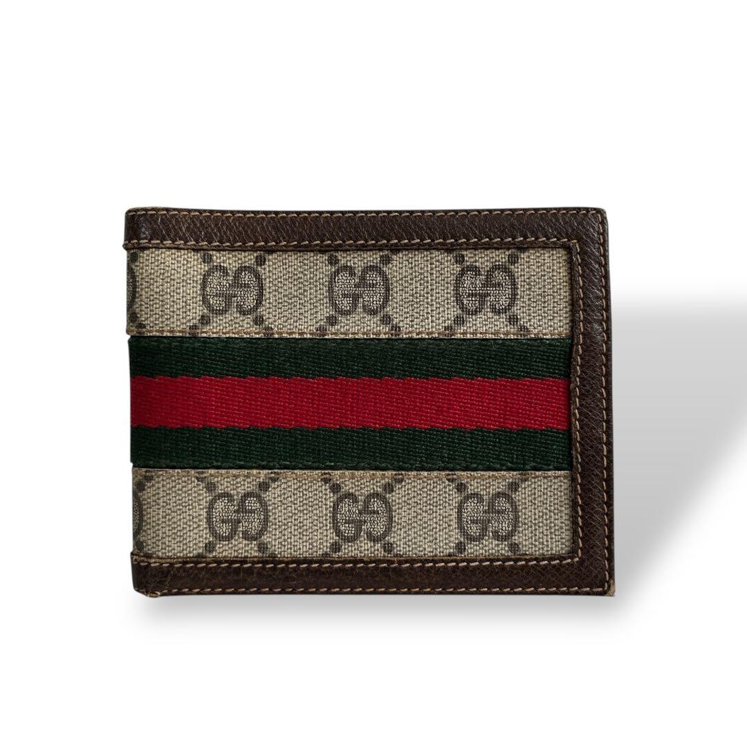 グッチ　二つ折り財布　お札入れ　シェリーライン　GGスプリーム　ベージュ　PVC