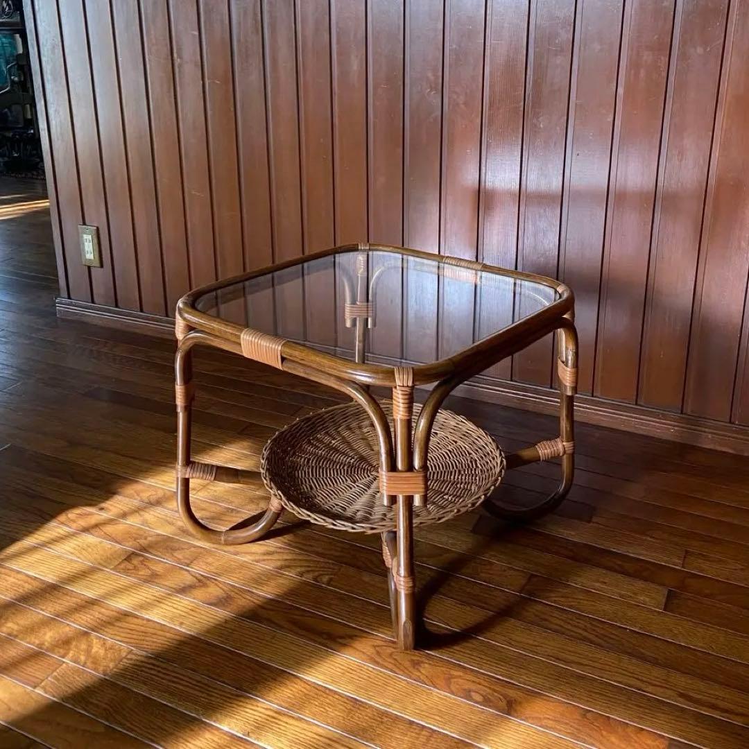 オールドラタン　サイドテーブル　ガラステーブル　籐家具　アンティーク家具