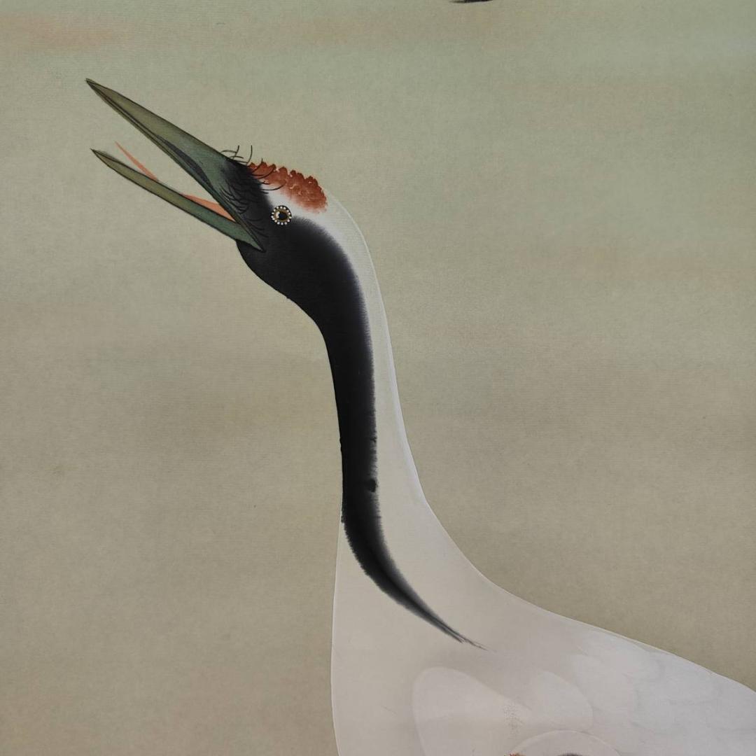 真作/江月/松上双鶴図/日ノ出/松/花鳥/桐共箱付/布袋屋掛軸A-586