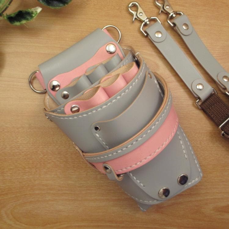 【特別価格】ライトグレー＆ピンク　６丁　本革シザーケース　SCA-100/CHA