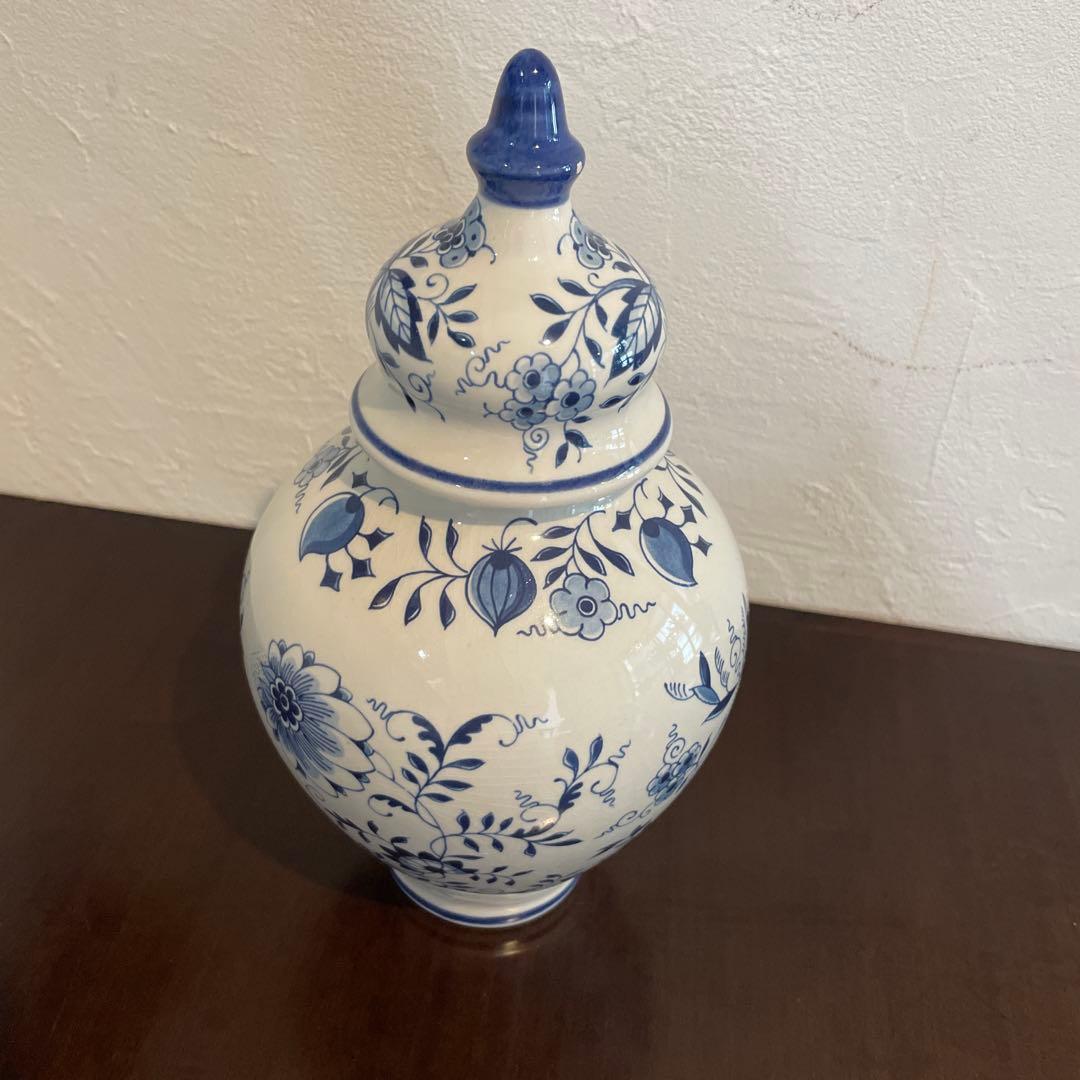 青と白の花柄 蓋付き壺　オランダ　デルフト焼き　アンティーク雑貨