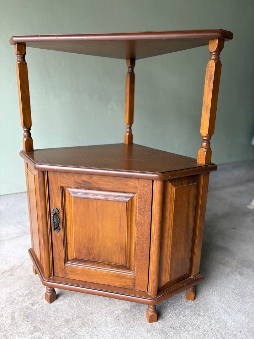 木製コーナーテーブル ブラウン 扉付き