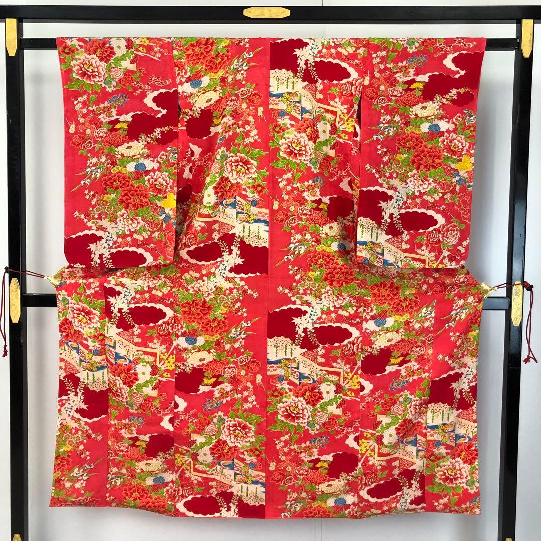 子供着物 十三詣り 花模様 鳥 紅赤色 CK-7375