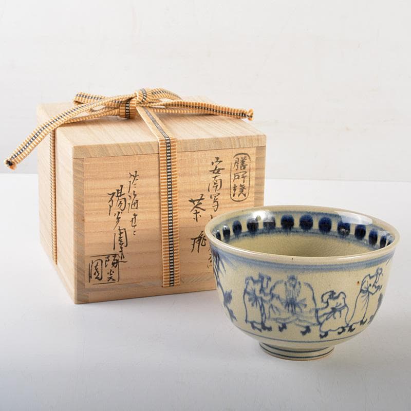 茶道具　膳所焼　淡海ぜぜ　陽炎園造　安南写　七賢人絵　茶碗　共箱　V　6532