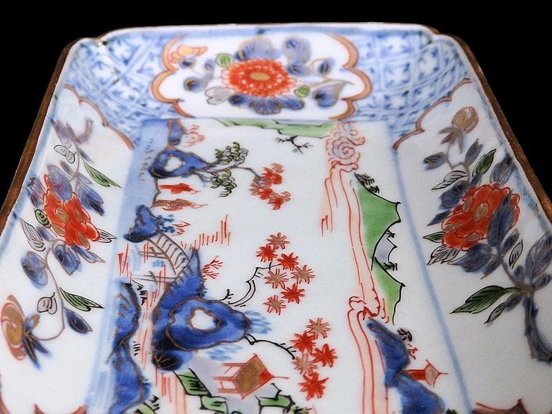 古伊万里　染錦　山水牡丹菊紋　長皿　柴田コレクション同手　E406AS-DBs