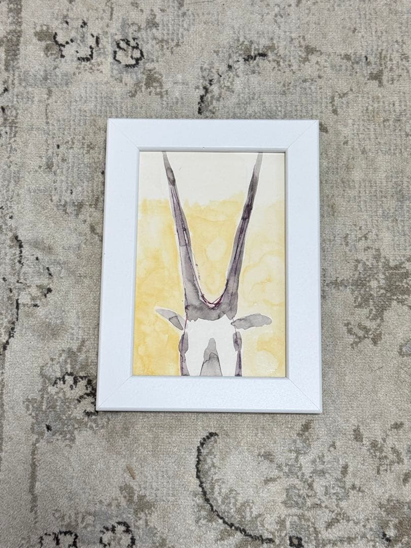 水彩画 動物の頭部 白フレーム　儲靚雯作　一点もの