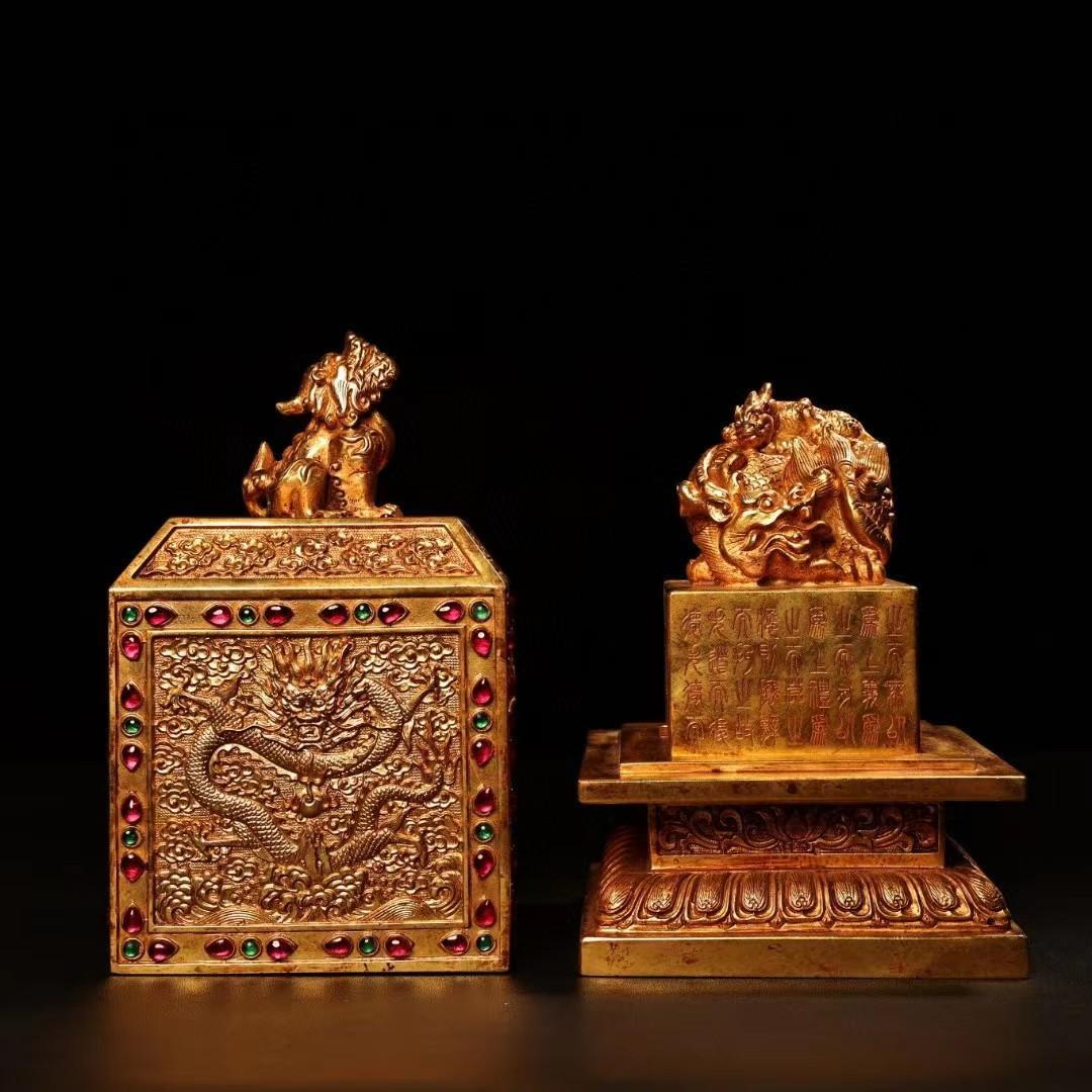 中国古美術・旧蔵鏨刻鎏金錾花の親子印鑑・純銅赤銅製・高浮彫・置物・書道具・文房具