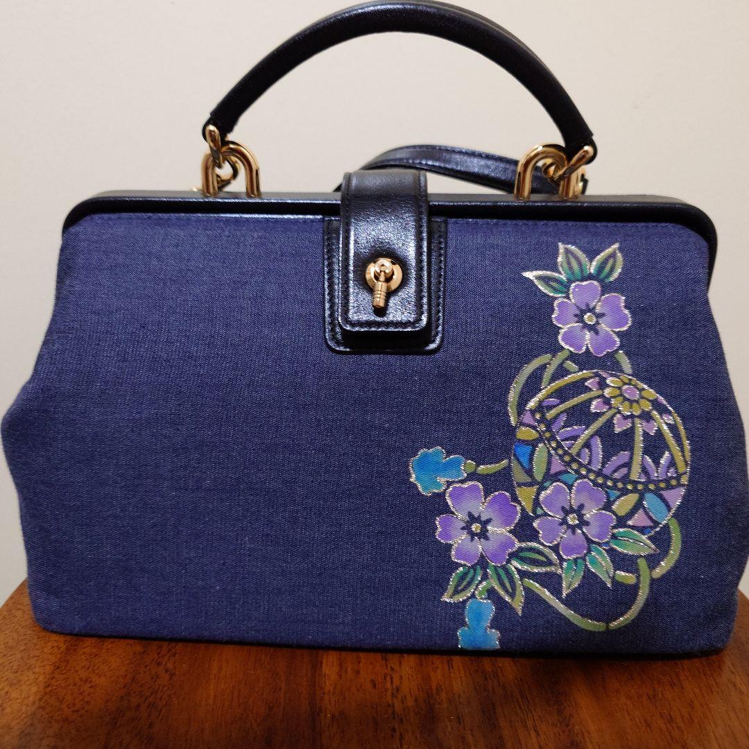 花柄友禅染め ネイビー 和装用バッグ 中型