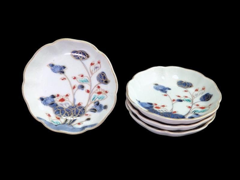 古伊万里 　染錦　河骨紋の図　手塩皿　3寸半皿　４枚 　D417AS-fbuw