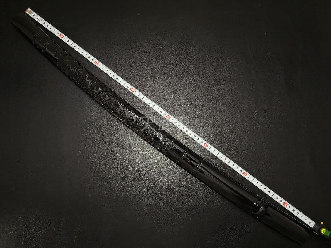 CSQ02　日本刀鞘　黒鞘　龍図　両面彫刻　拵え　栗形　反り約2.3CM