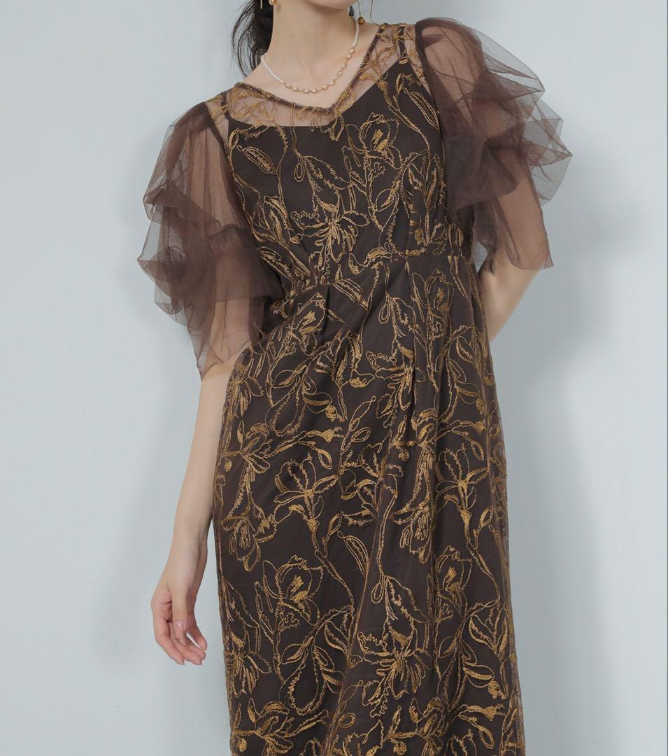 刺繍レース チュールスリーブ コクーン パーティードレス オケージョンドレス