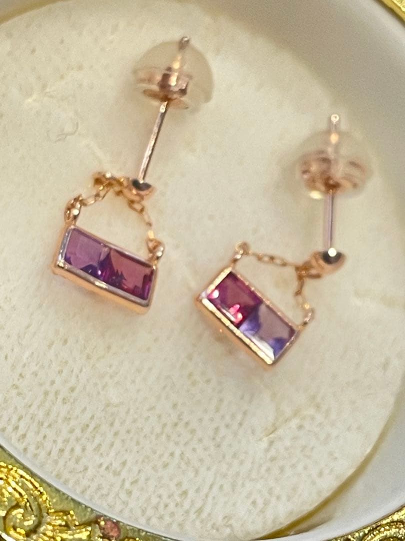 未使用　K10 PG アメジスト　ガーネット　ピアス　ダブルストーン　刻印