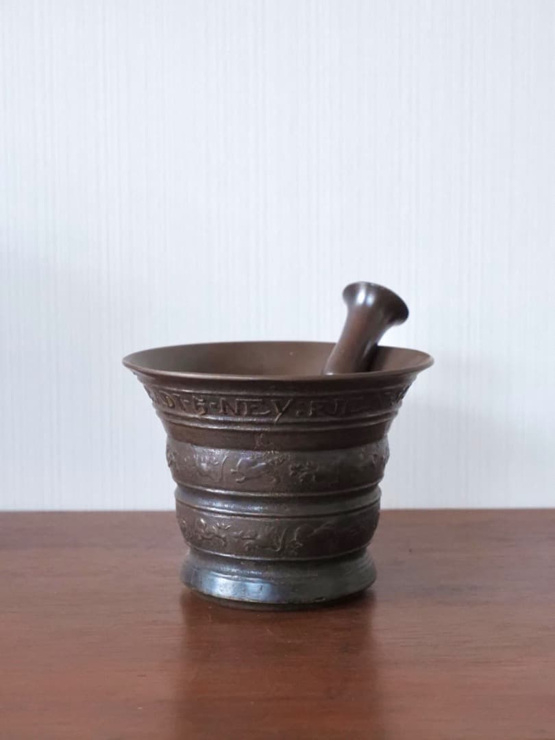 甫安乳鉢　乳棒　鉢　銅製　薬学　薬研　金属工芸　1710g　箱付　Q2315