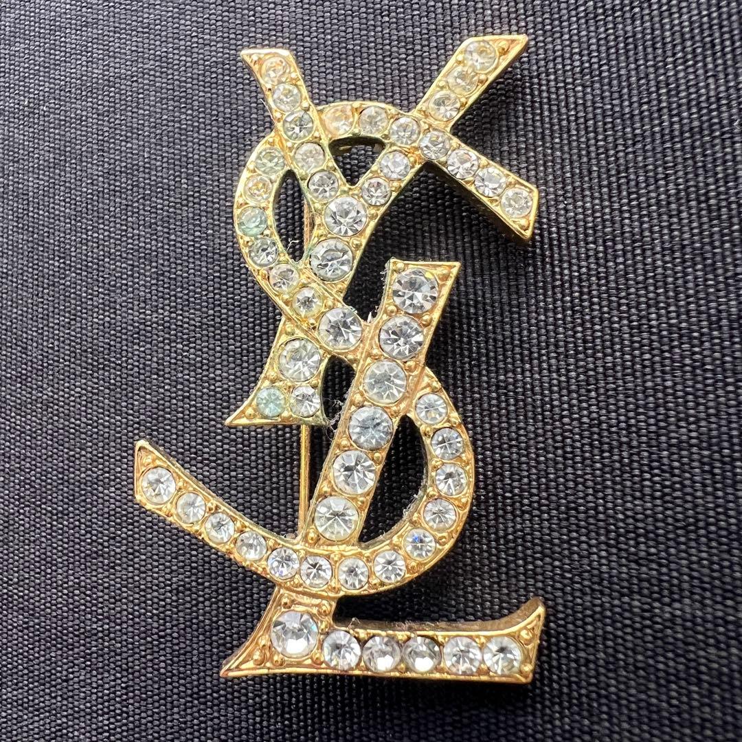 美品✨イヴサンローラン ブローチ ラインストーン YSL ロゴ ゴールド