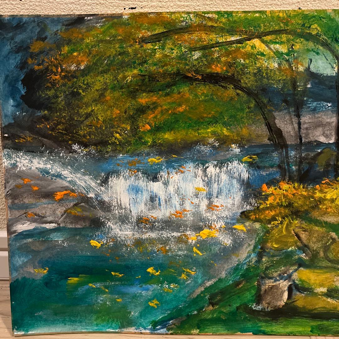 水彩画 自然風景 滝と木々27cm25cm