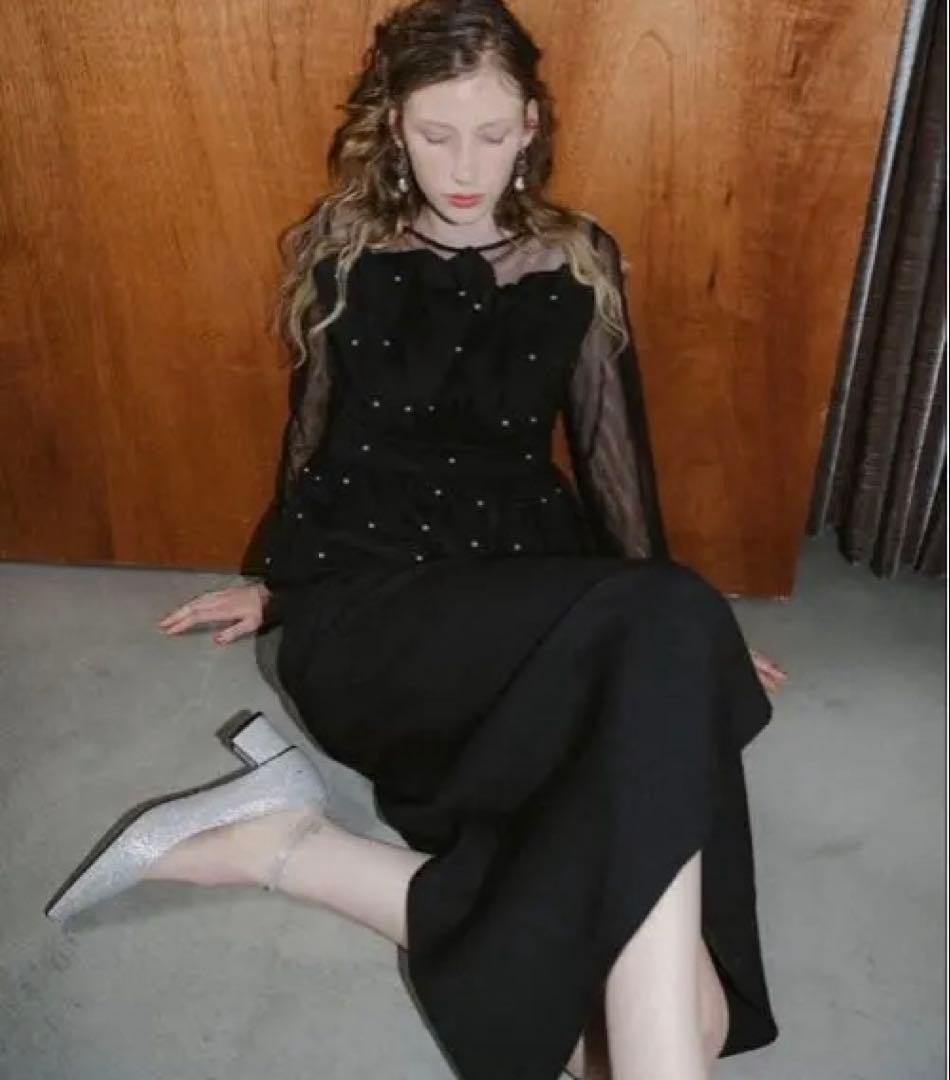 Et.UNiVER 黒 シースルー長袖 ペプラムドレス　L