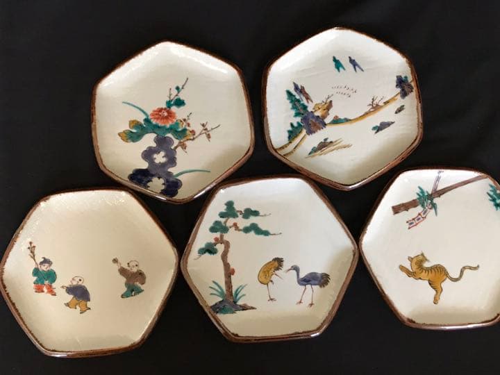 九谷焼の名工　三ツ井為吉　絵変わり　六角　銘々皿5客　K202 本物保証